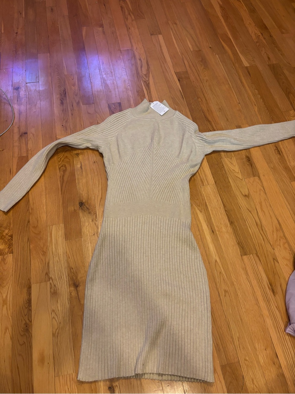 Ribbed Knit Long Sleeve Dress in Light Beige